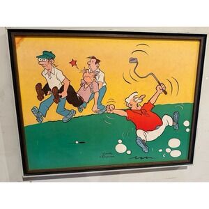 Vintage 80's Young + Raymond Golf Comic Artwork Framed Signed RARE